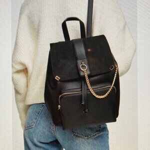 Topshop Faux Leather Black Backpack - Gold Accents Structured Design EUC